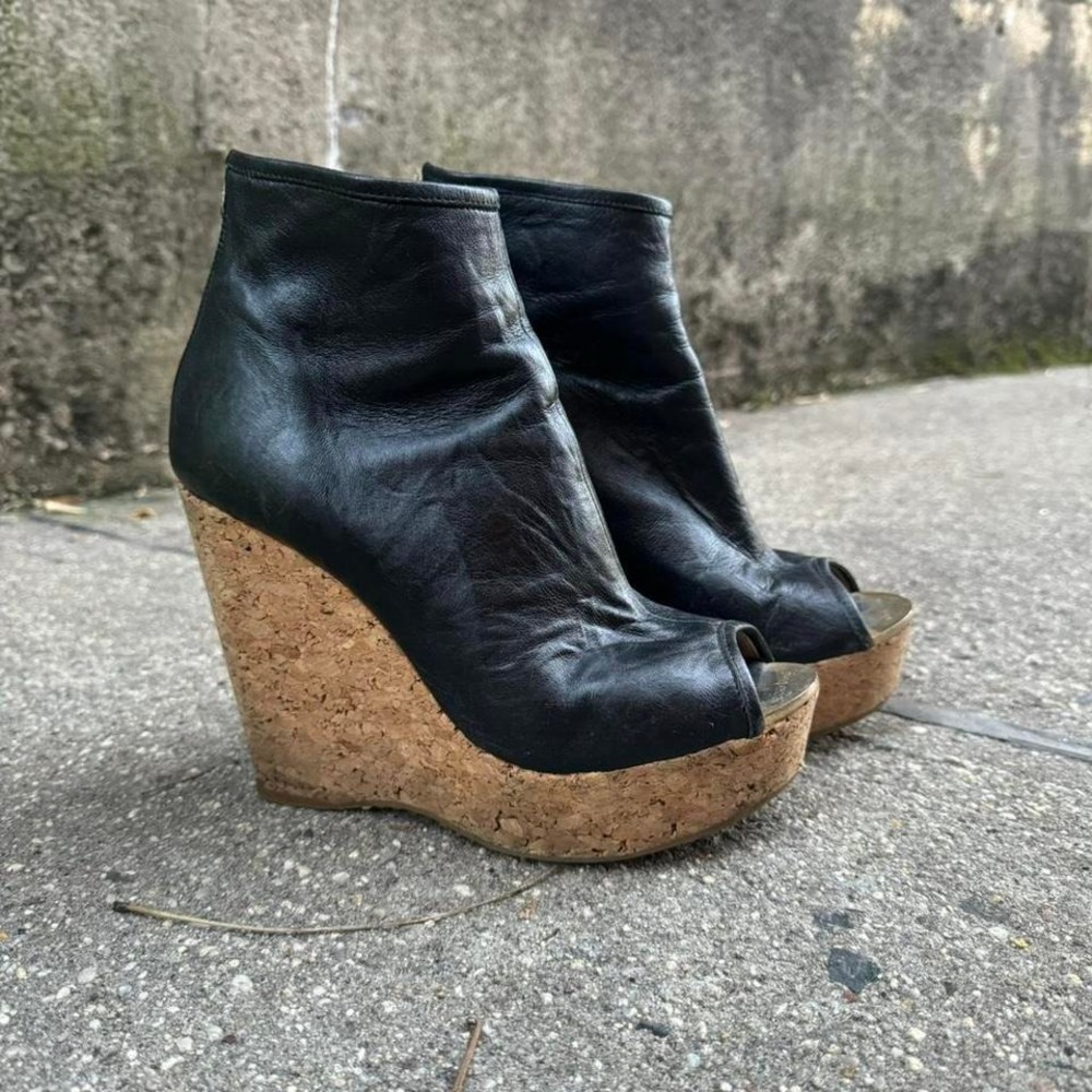 Jimmy Choo Cork Wedges Women's Size 39 Leather Black Heels Peep Toe Designer‎